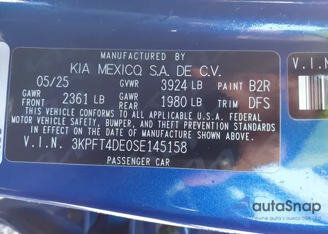 2025 Kia K4 Lxs z USA, uszkodzony, nr VIN 3KPFT4DE0SE145158